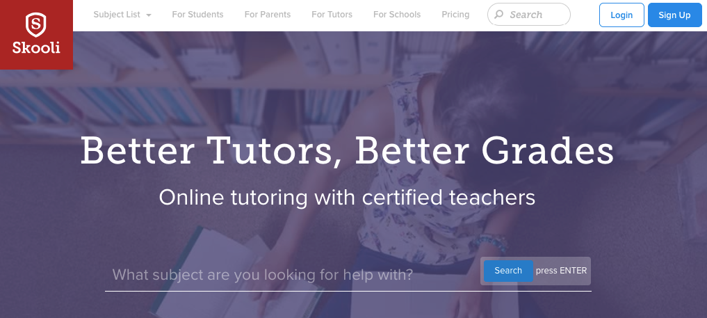 Skooli homepage banner promoting online tutoring with certified teachers to help students improve grades.