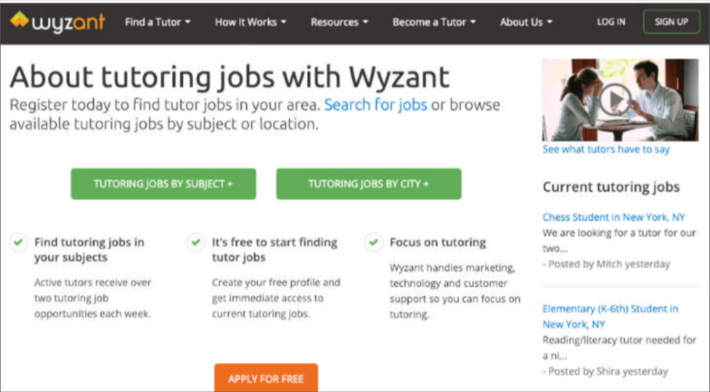 Wyzant webpage promoting tutoring jobs, showing how to find students, browse opportunities by subject or location, and apply to become a tutor.
