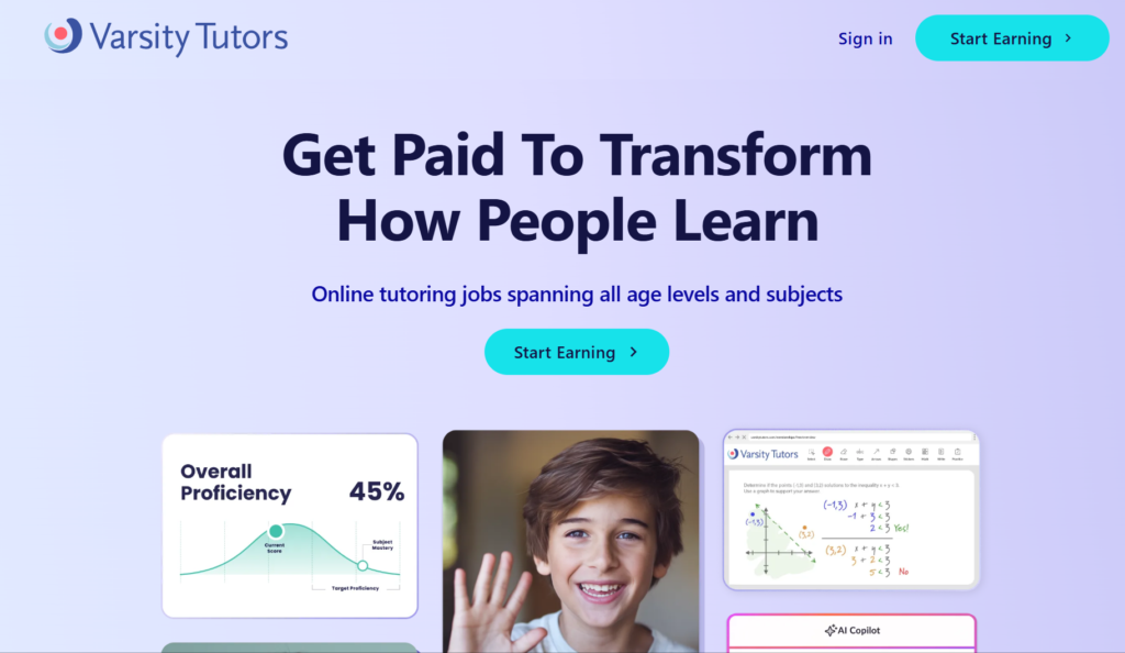 Varsity Tutors homepage banner promoting online tutoring jobs and earning opportunities across subjects and grade levels.