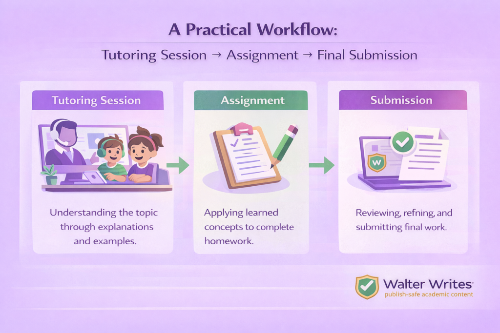 Infographic showing a tutoring workflow from session to assignment to final submission, including learning, applying concepts, and reviewing work.