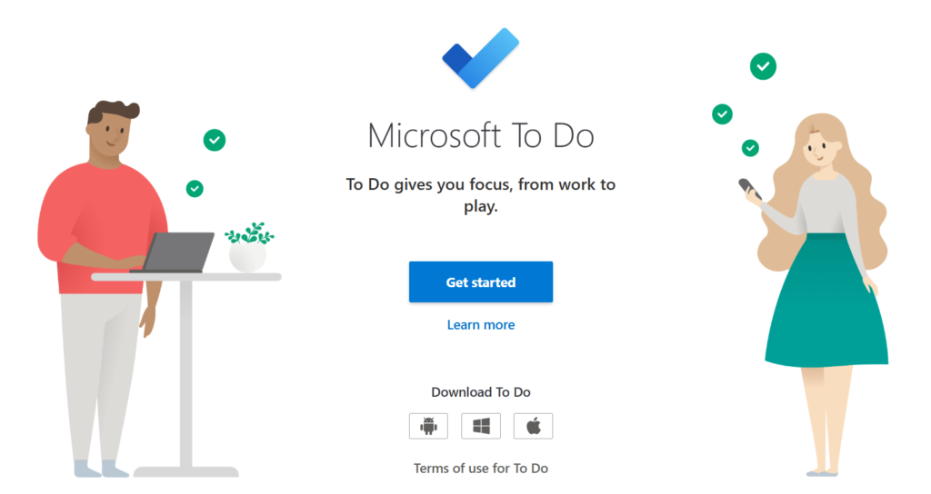 This image shows the Microsoft To Do app homepage, a popular productivity tool designed to help users manage tasks and stay organized. The interface features a clean, minimalist design with a central “Get started” button and the tagline emphasizing focus across work and personal life. Illustrations of people using devices alongside checkmarks visually reinforce task completion and organization. The page also includes download options for multiple platforms, highlighting accessibility for students who want to track assignments, create to-do lists, and improve time management across devices.