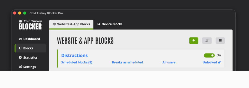This image shows the Cold Turkey Blocker app interface, a powerful productivity tool designed to help students eliminate distractions. The dashboard highlights features like “Website & App Blocks” and “Device Blocks,” allowing users to restrict access to distracting sites and applications during study sessions. The “Distractions” section with scheduled blocks indicates how users can automate focus periods and maintain discipline. With its strict blocking capabilities and customizable settings, Cold Turkey Blocker is an effective tool for students looking to improve concentration, reduce procrastination, and stay on track with their academic work.