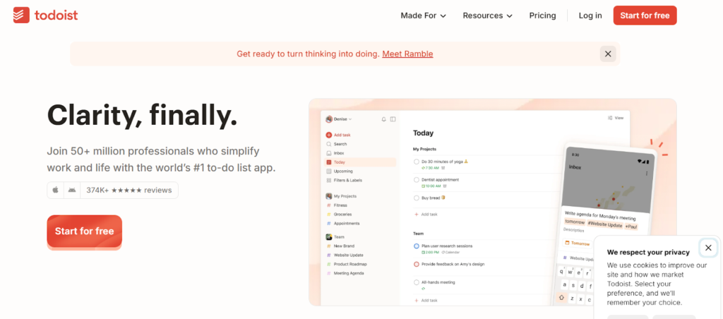 Todoist homepage emphasizing a simple task management app that helps users organize tasks and turn plans into action.