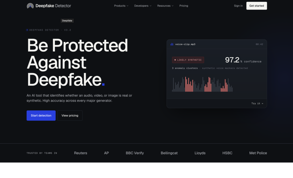 DeepfakeDetector.AI dashboard showing image, video, and audio deepfake detection results.