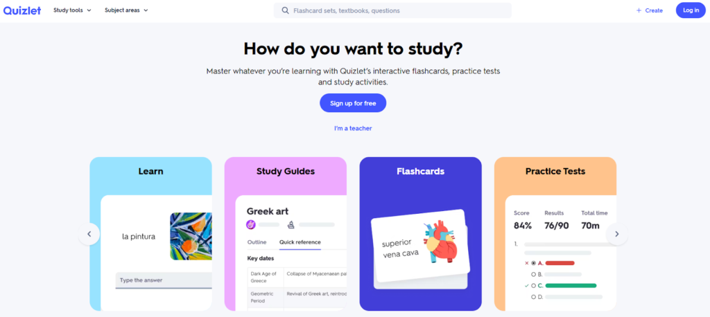 This image shows the Quizlet platform homepage, a widely used study tool that helps students learn and retain information more effectively. The interface features options like “Learn,” “Study Guides,” “Flashcards,” and “Practice Tests,” highlighting different ways students can engage with their study material. The central prompt, “How do you want to study?”, emphasizes personalized learning, while the clean layout and interactive elements showcase Quizlet’s user-friendly design. As a productivity tool, Quizlet enables students to create digital flashcards, test their knowledge, and improve memorization for exams and coursework.