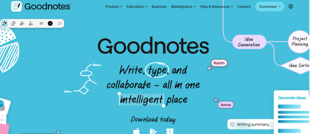 This image shows the Goodnotes app homepage, a popular digital note-taking tool widely used by students for productivity and organization. The interface highlights its core features with the tagline “Write, type, and collaborate — all in one intelligent place,” emphasizing flexibility in how users capture and manage notes. Visual elements like handwritten sketches, idea mapping, and collaboration labels suggest support for creative brainstorming and project planning. With cross-device compatibility and tools for writing, annotating, and organizing notes, Goodnotes is an effective solution for students looking to streamline their study workflow and enhance digital note-taking.