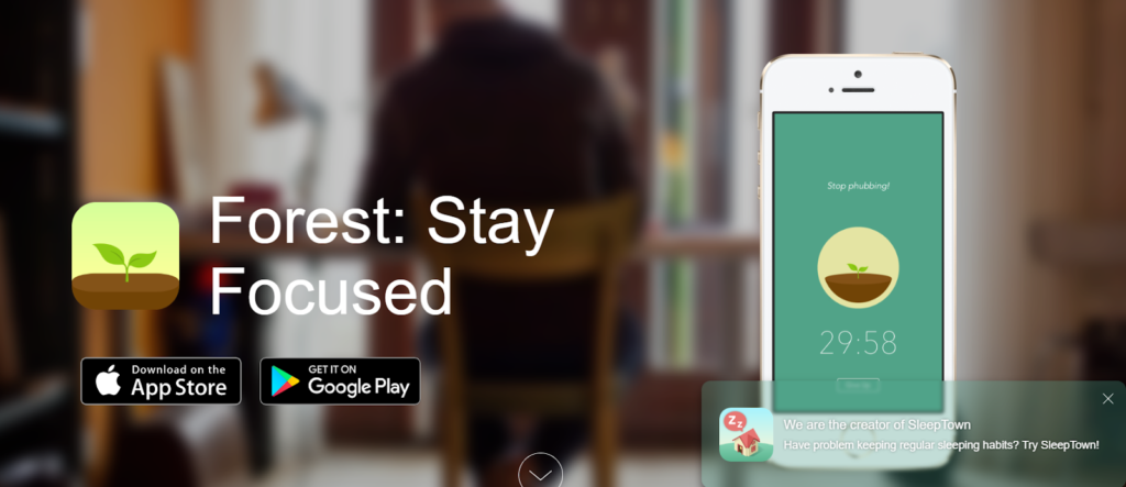 This image shows the Forest app, a productivity tool designed to help students stay focused and avoid distractions. The interface features a smartphone screen with a countdown timer and a growing virtual tree, symbolizing focused work sessions. The tagline “Stay Focused” reinforces its purpose of improving concentration by encouraging users to avoid using their phones while studying. With download options for mobile platforms, Forest is an effective tool for students to build better study habits, manage time, and reduce procrastination.