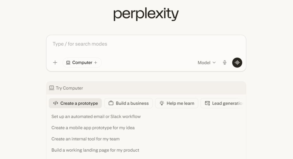 This image shows the Perplexity AI interface, an AI-powered search and research tool designed to help users quickly find accurate information and generate insights. The clean layout features a central search bar with options for different modes, along with suggested tasks like creating prototypes, building projects, or learning new topics. With its conversational search capabilities and real-time answers, Perplexity serves as a valuable productivity tool for students conducting research, exploring concepts, and getting instant, reliable explanations for their studies.