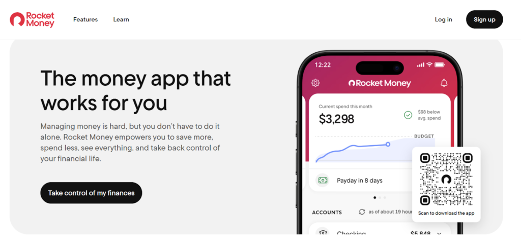 A Rocket Money webpage promotes an all-in-one money management app with a bold headline and call-to-action button.