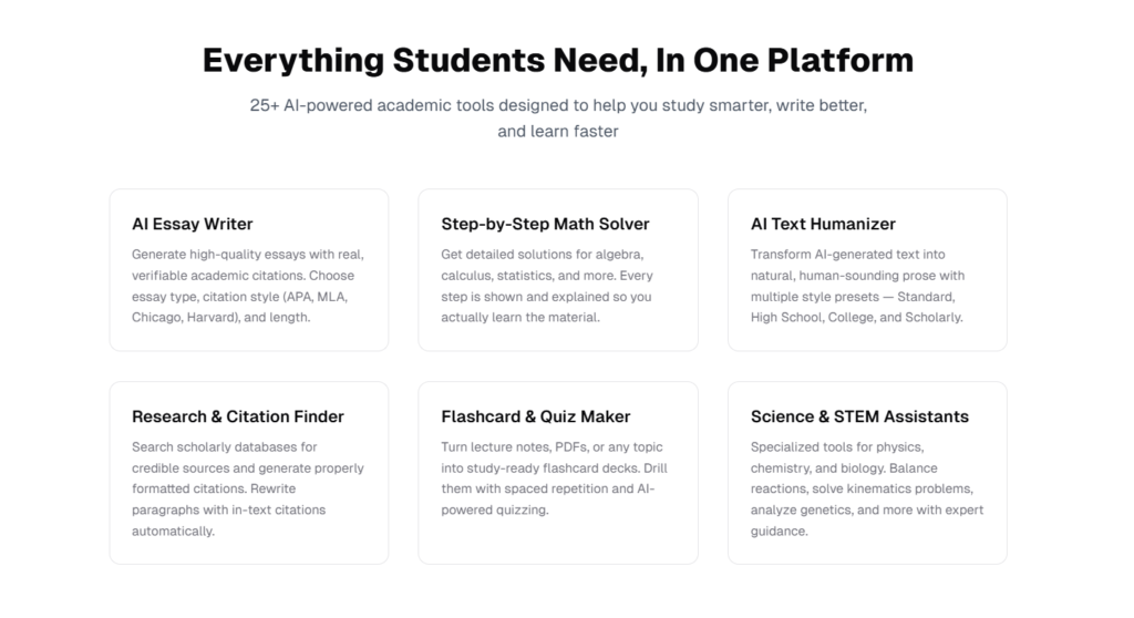 Caktus AI features page, highlighting its all-in-one platform for students. The layout presents a range of AI-powered academic tools, including an essay writer, step-by-step math solver, text humanizer, citation finder, flashcard and quiz maker, and STEM assistants. Each feature is briefly described, emphasizing how the platform helps students study more effectively, write better, and learn faster in one centralized workspace.