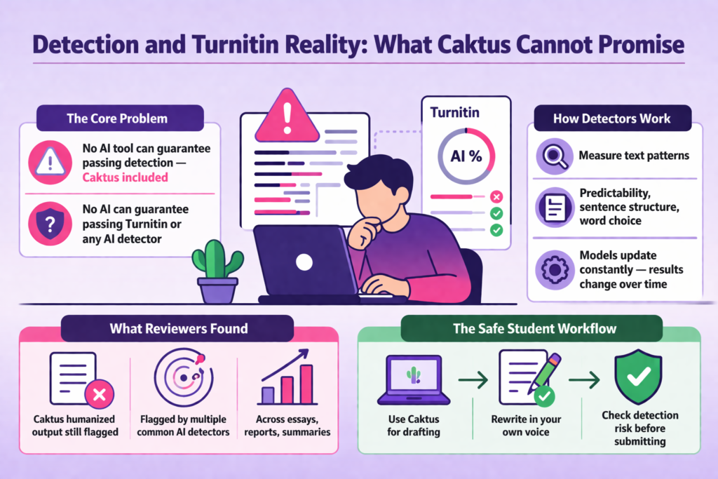 The limitations of Caktus AI regarding AI detection and Turnitin. It highlights that no AI tool—including Caktus—can guarantee bypassing AI detection systems. The graphic breaks down how detectors work, focusing on text patterns, predictability, and constantly evolving models. It also summarizes reviewer findings, noting that AI-generated or humanized content can still be flagged. Finally, it presents a recommended workflow for students: use Caktus for drafting, rewrite content in their own words, and check for detection risks before submission.