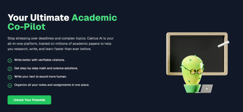This image promotes Caktus AI as an “ultimate academic co-pilot,” an AI-powered study assistant designed to help students write, research, and learn more efficiently. The visual highlights key features such as essay writing with citations, step-by-step math and science solutions, humanized text generation, and organization of notes and assignments—all within a single platform.