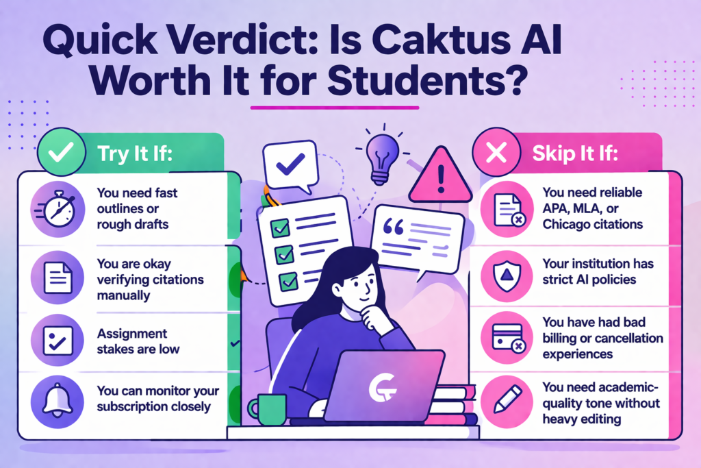 Minimalist comparison infographic titled “Quick Verdict: Is Caktus AI Worth It for Students?” showing a student at a laptop between green “Try It If” conditions (fast drafts, manual citation checks, low-stakes work, subscription monitoring) and pink “Skip It If” warnings (citation reliability, strict AI policies, billing issues, need for polished academic tone).