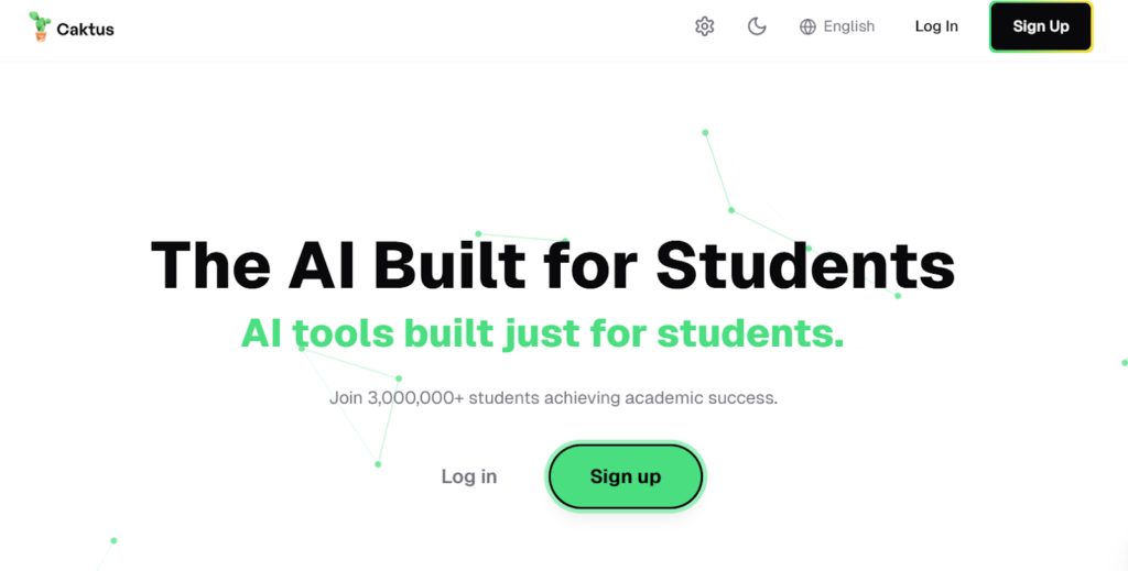 Homepage-style hero image for Caktus showing the headline “The AI Built for Students,” a green subheading about student-focused tools, and a central call-to-action with login and sign-up buttons.