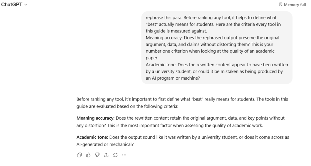 This image shows ChatChatGPT being used as an AI-powered essay rephraser, where a user inputs a paragraph and receives a rewritten version with improved clarity and academic tone. The interface displays the prompt on the right and the refined output below, demonstrating how ChatChatGPT can restructure sentences while preserving meaning. As part of the “Best Essay Rephrasers Reviewed,” this highlights ChatChatGPT’s ability to enhance readability, maintain argument accuracy, and produce more natural, human-like academic writing.