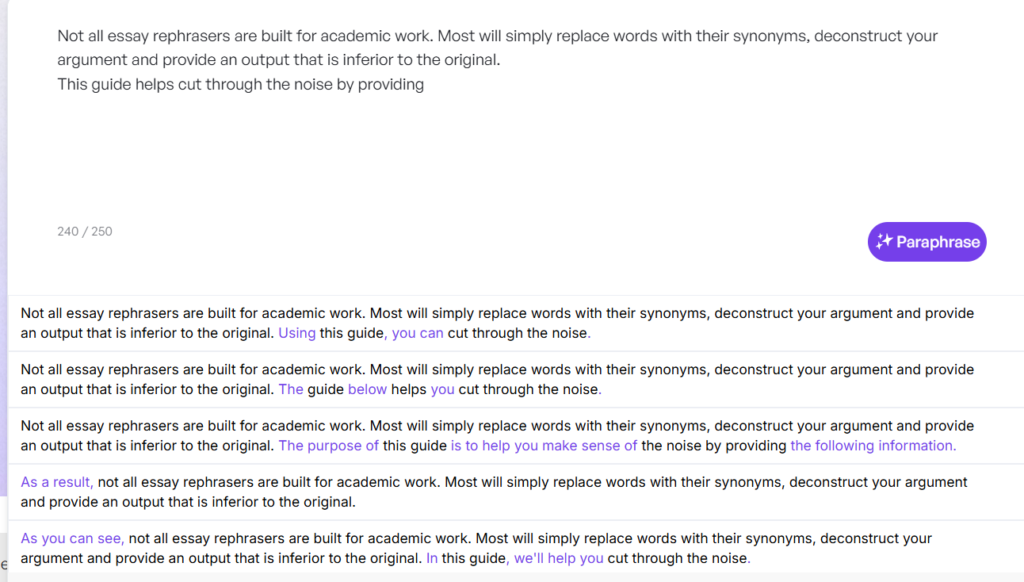 This image shows the Wordtune paraphrasing tool interface, an AI-powered writing assistant used to rewrite and improve essays. The tool displays an input paragraph at the top and multiple rewritten variations below, allowing users to choose the best phrasing. A “Paraphrase” button and suggested sentence alternatives highlight its ability to refine tone, clarity, and structure. This makes Wordtune a useful essay rephraser for students looking to enhance readability and express ideas more effectively while keeping the original meaning intact.