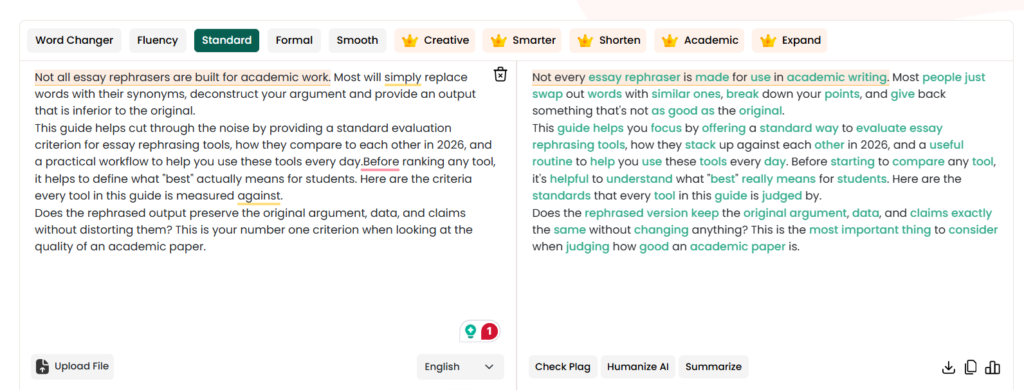 This image shows the Paraphraser.io tool interface, an AI-powered essay rephraser designed to help students rewrite and improve their writing. The screen displays the original text on the left and the paraphrased version on the right, with highlighted changes in wording and structure. Multiple writing modes such as Standard, Fluency, Formal, Creative, and Academic allow users to customize the tone and style of their content. This tool is useful for enhancing clarity, avoiding repetition, and refining academic essays while preserving the original meaning.