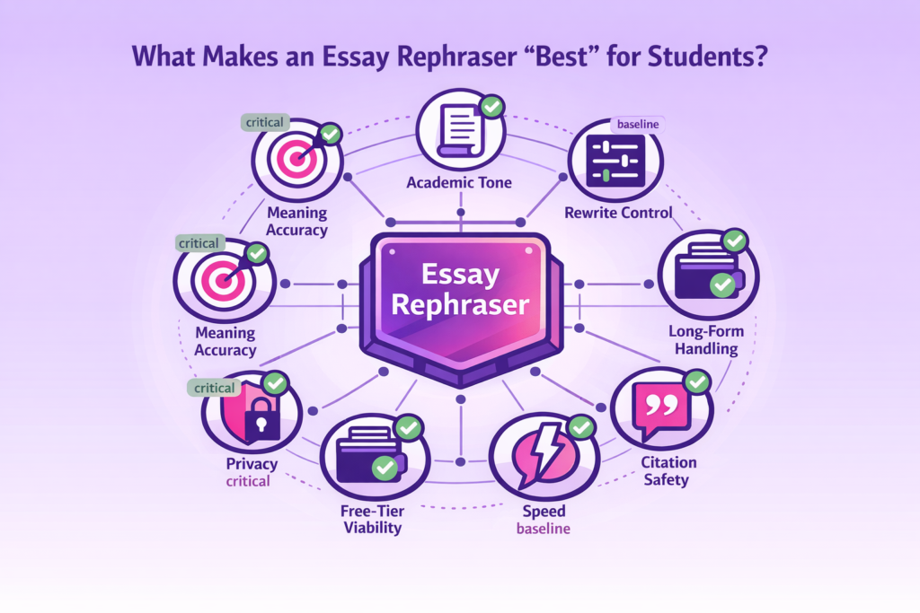 Infographic showing an “Essay Rephraser” at the center with eight connected criteria like accuracy, tone, speed, and privacy.