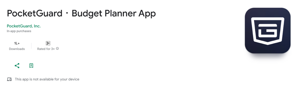 An app store listing for PocketGuard shows its name, developer details, and download information alongside the app icon. The interface highlights it as a budget planner app with basic info like ratings, downloads, and availability status.