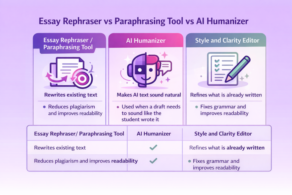 Comparison infographic showing Essay Rephraser, AI Humanizer, and Style Editor with icons and key differences in function and use.