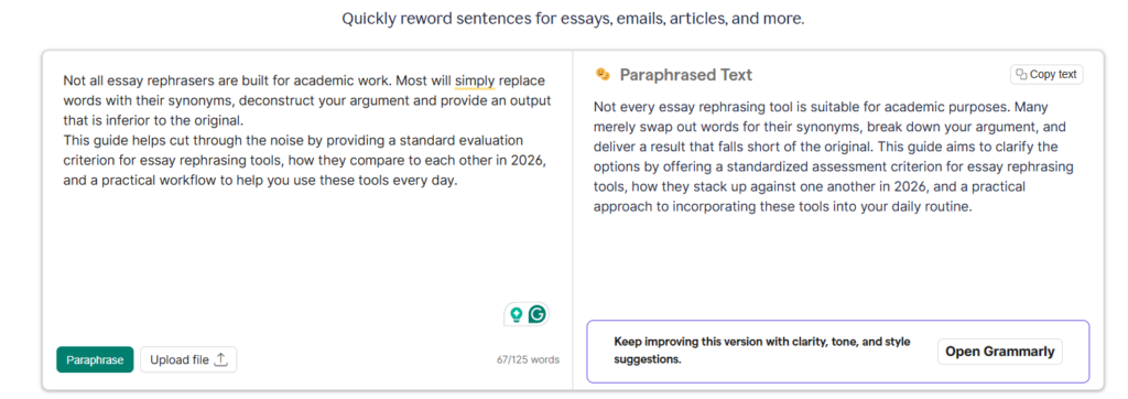Screenshot of Grammarly's paraphrasing tool displaying original text on the left and improved rewritten output on the right with clarity suggestions.