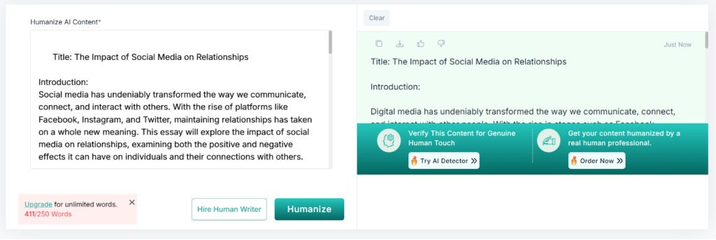 Screenshot of Myessaywriter.ai humanizer interface showing original essay text and a rewritten version with options to humanize or verify content.