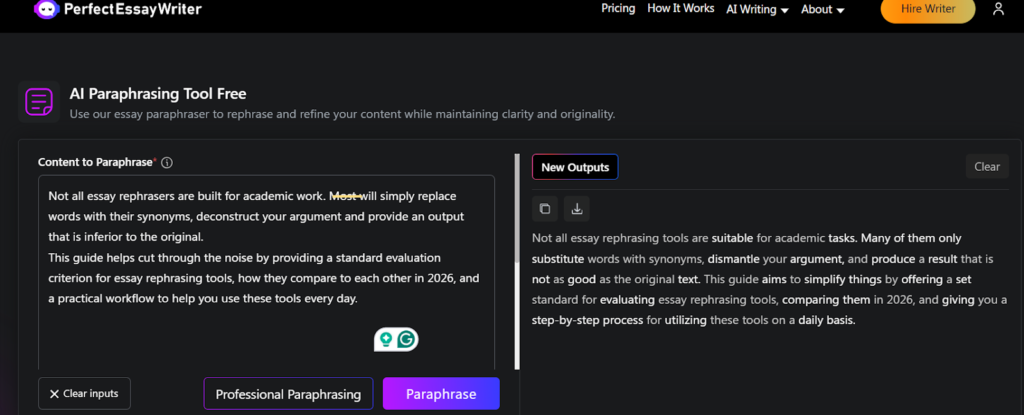 Screenshot of PerfectEssayWriter’s AI paraphrasing tool interface showing input text on the left and generated rewritten output on the right.