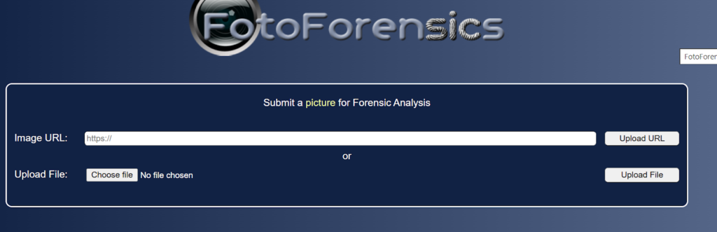 FotoForensics free forensic image analysis tool interface showing Error Level Analysis and metadata inspection capabilities.