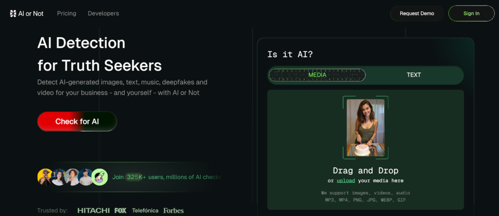 AI or Not platform interface with drag-and-drop upload area and 'Is it AI?' checker for detecting AI-generated images, videos, audio, and text.