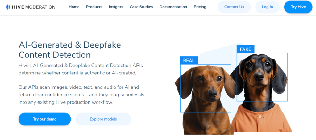 Hive Moderation AI image detector interface showing real vs. fake image comparison with confidence scores.