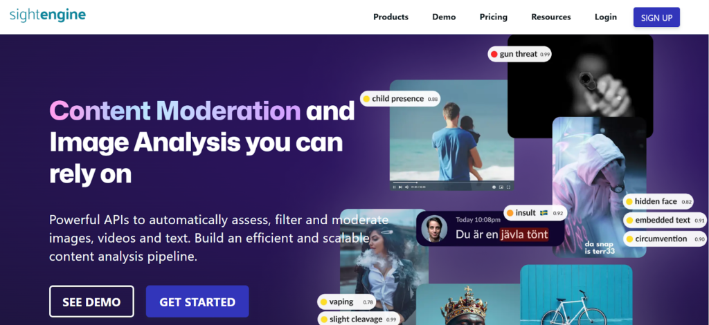 Sightengine AI content moderation platform showing image analysis with confidence scores for detecting threats, explicit content, and AI-generated visuals.