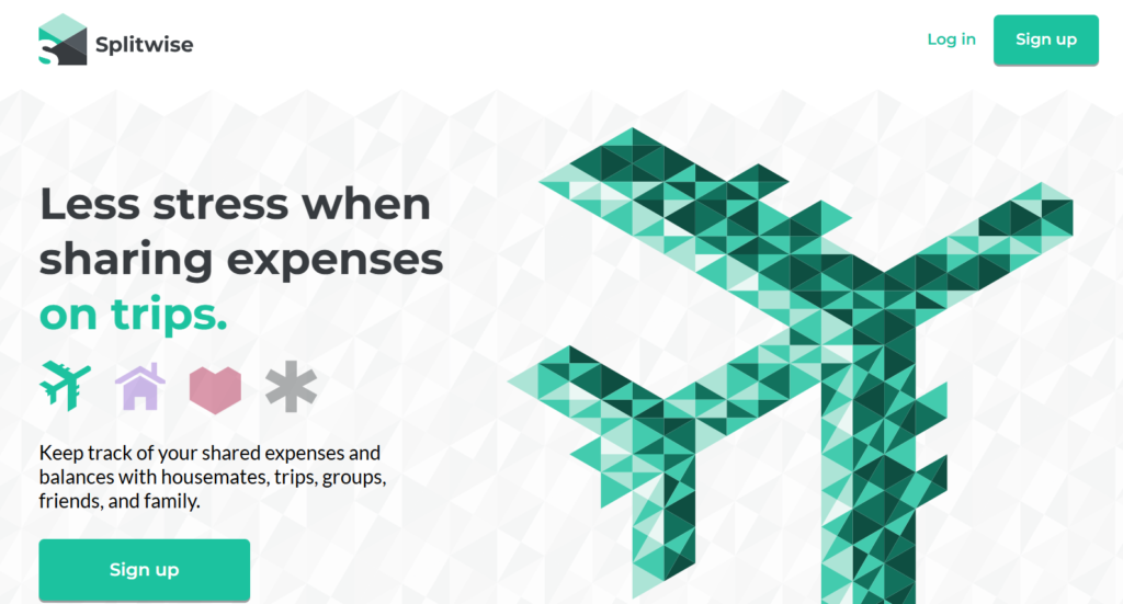 A Splitwise homepage highlights easy expense sharing for trips with a bold headline and geometric airplane graphic. The design emphasizes tracking shared costs with friends or roommates and includes a clear sign-up call to action.