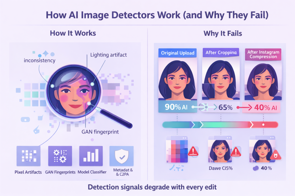 How AI image detectors work diagram showing pixel inconsistencies, lighting artifacts, GAN fingerprints, model classifiers, and metadata analysis on the left, and how detection accuracy decreases after cropping or compression on the right.