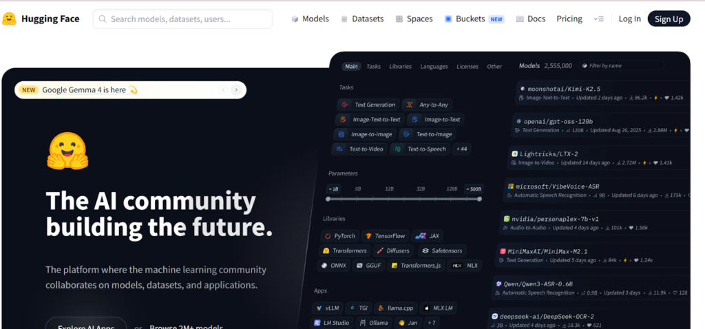 Hugging Face platform showing AI models, datasets, and community resources for detecting AI-generated content.