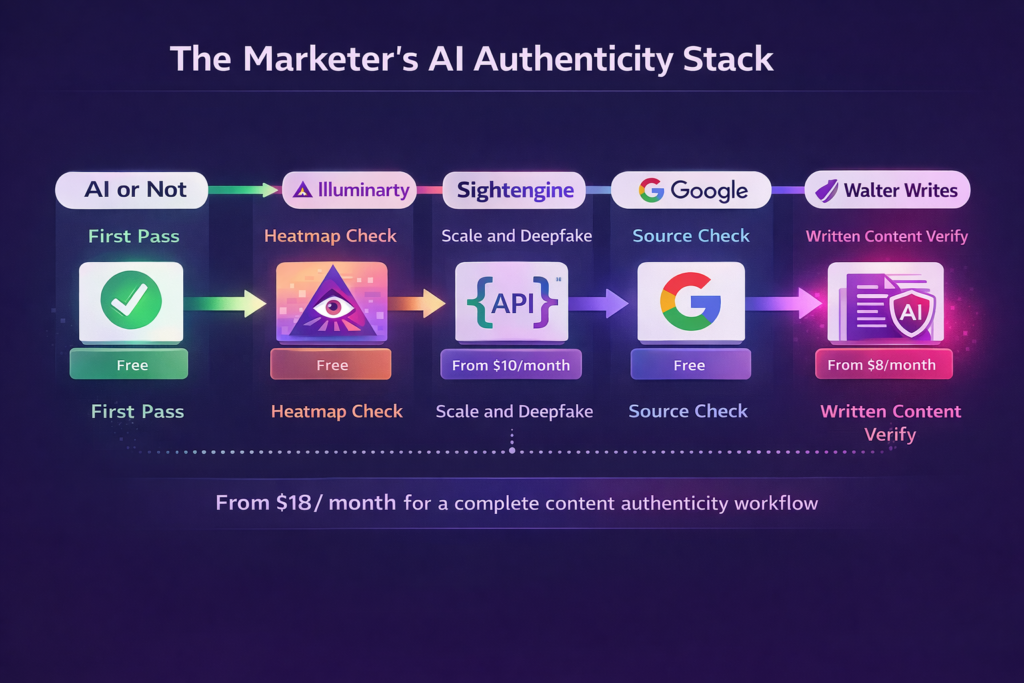 The complete AI authenticity stack diagram showing recommended tool combination for content verification.