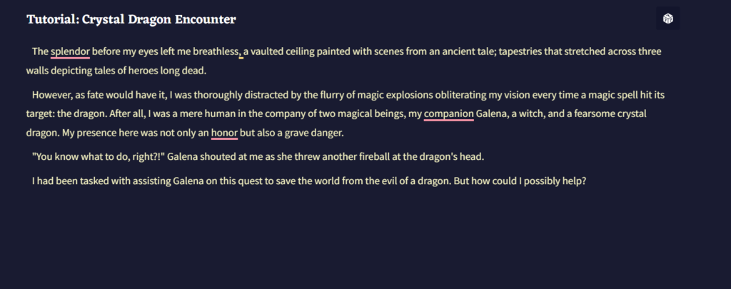 NovelAI interface displaying a fantasy story titled “Crystal Dragon Encounter” with generated narrative text on a dark-themed editor.