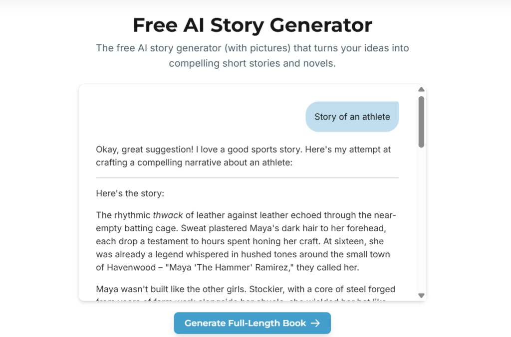 Squibler interface showing a free AI story generator creating a short story about an athlete with a prompt and generated narrative text.