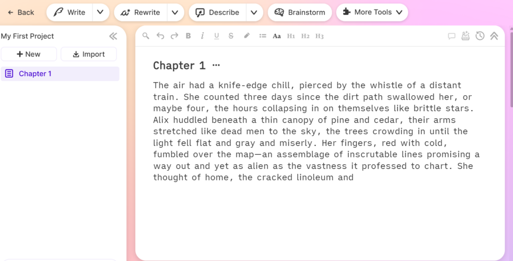 Sudowrite writing interface showing a chapter draft with AI tools for writing, rewriting, describing, and brainstorming.