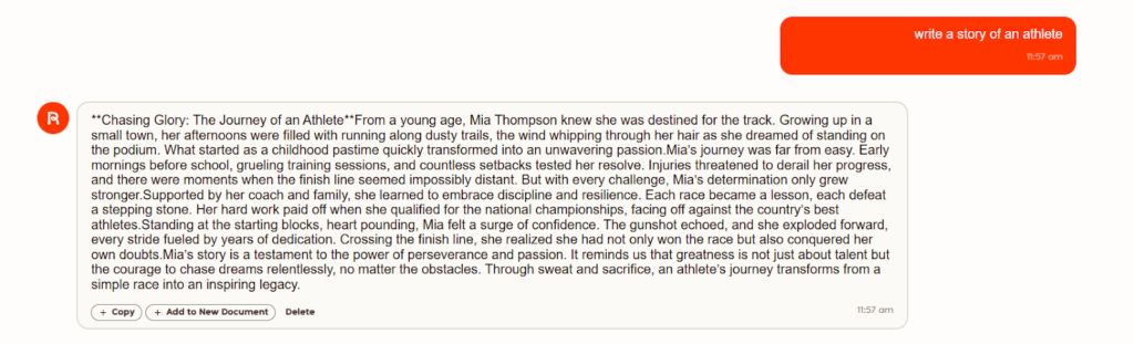 Rytr interface showing an AI-generated story about an athlete with a prompt input and generated text output.