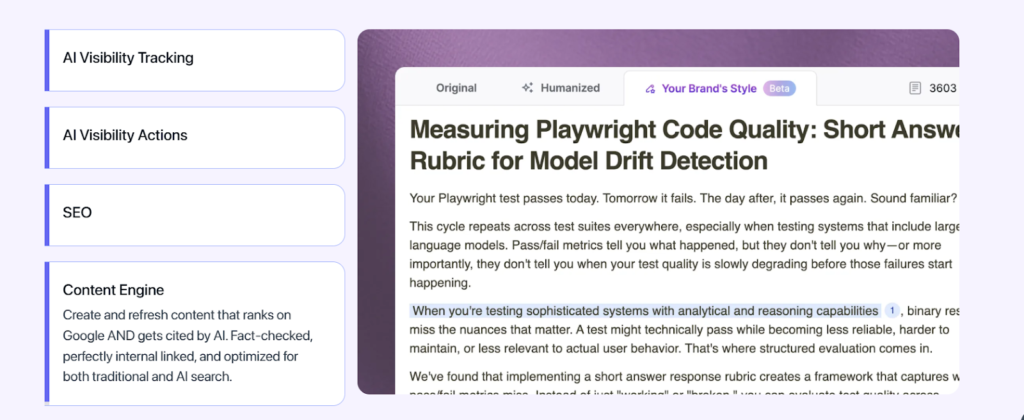 Writesonic interface showing AI content editing with SEO tools, visibility tracking, and a document editor for optimizing written content.