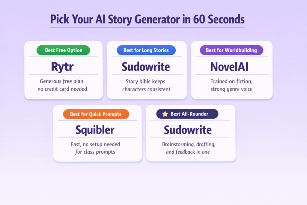 A visually clean infographic titled “Pick Your AI Story Generator in 60 Seconds” presents a comparison of the best AI story writing tools on a soft purple background. The layout features five rounded cards highlighting top options: Rytr as the best free AI writing tool with a generous no-credit-card plan, Sudowrite as both the best for long-form storytelling and the best all-around AI story generator for brainstorming and drafting, NovelAI as the top choice for worldbuilding with strong genre-focused writing, and Squibler as the best tool for quick prompts and fast setup. Each section uses bold headings and short descriptions, making it easy for writers, students, and content creators to quickly choose the right AI story generator for their needs.