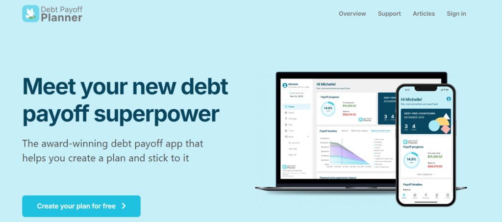 A website landing page promotes a debt payoff app with a bold headline and a call-to-action button.
