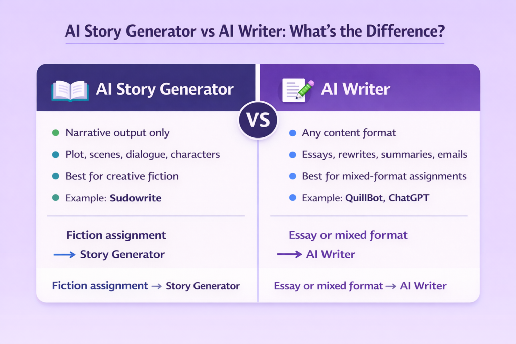 Infographic comparing AI story generators vs AI writers, highlighting differences in narrative focus, content types, and use cases for fiction vs general writing tasks.
