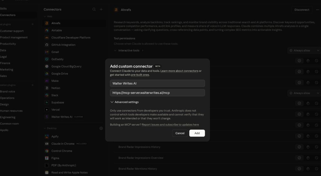 Formulário de adição de conector personalizado no Claude com o nome Walter Writes AI e o URL do servidor MCP https://mcp-server.walterwrites.ai/mcp preenchidos