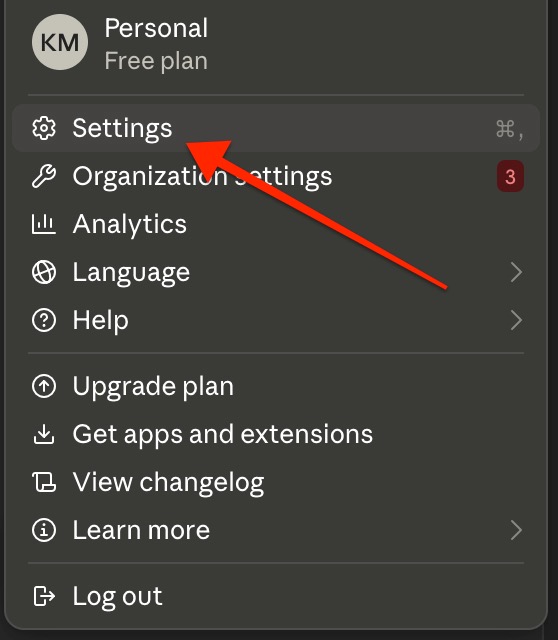 Screenshot of Claude’s user menu with a red arrow pointing to the Settings option.