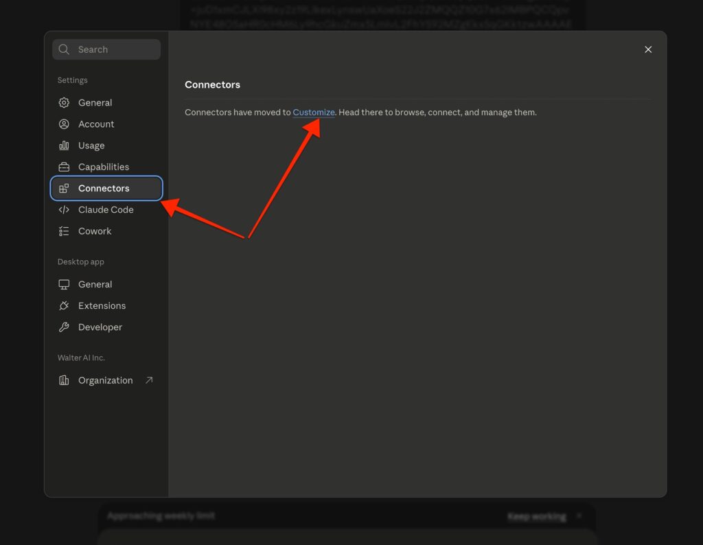 Screenshot of Claude’s “Add custom connector” window showing the connector name field filled with “Walter Writes AI” and the MCP server URL field filled with “https://mcp-server.walterwrites.ai/mcp”. Red arrows point to both fields.