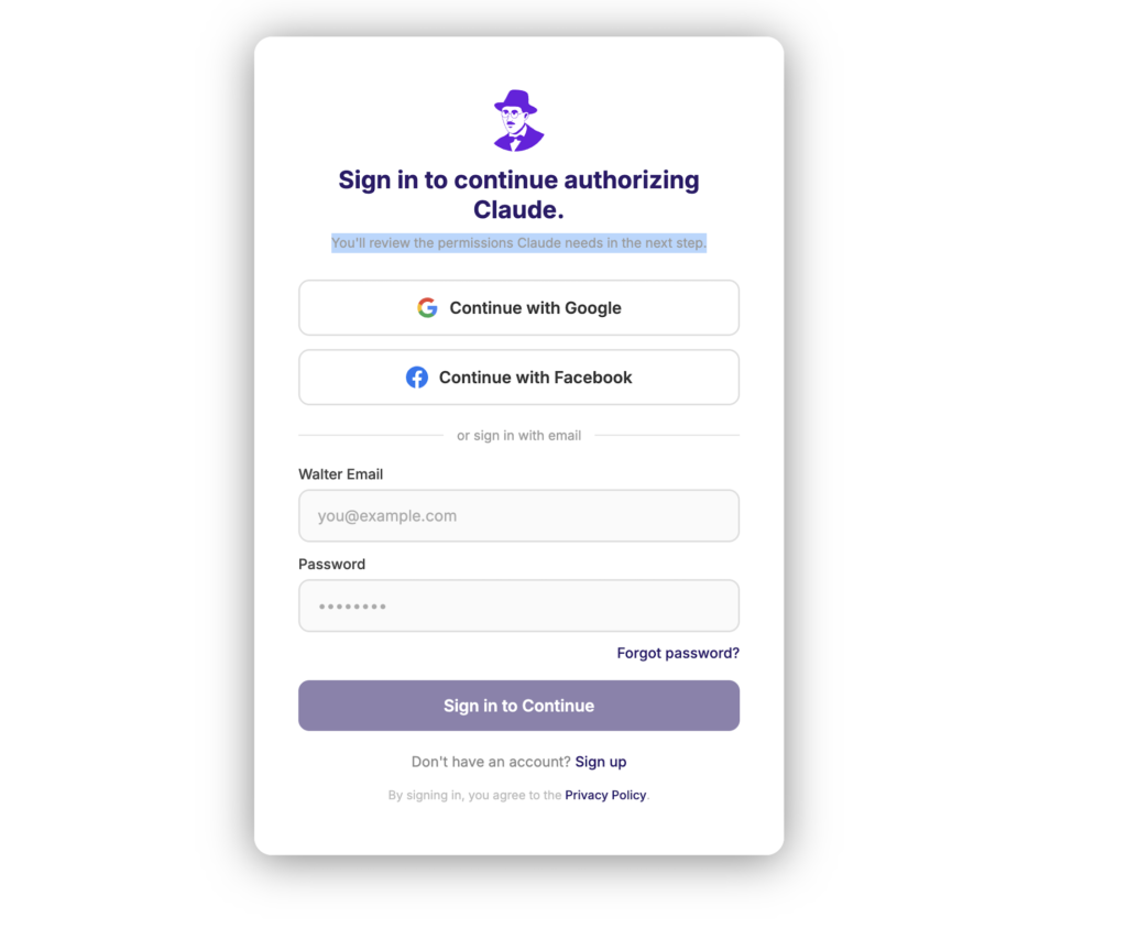 Ecrã de login do Walter MCP mostrando opções de login com Google, Facebook e e-mail para ligar ao Claude