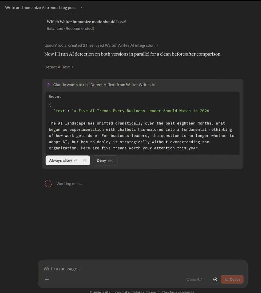 Claude a solicitar permissão parusando o Detect AI Text do Walter Writes AI, mostrando o texto humanizado do blog a ser enviado para análise