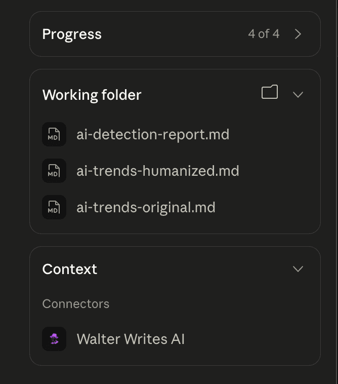 Pasta de trabalho do Claude mostrando três arquivos de saída do Walter: ai-detection-report, ai-trends-humanized e ai-trends-original, com o conector Walter Writes AI listado