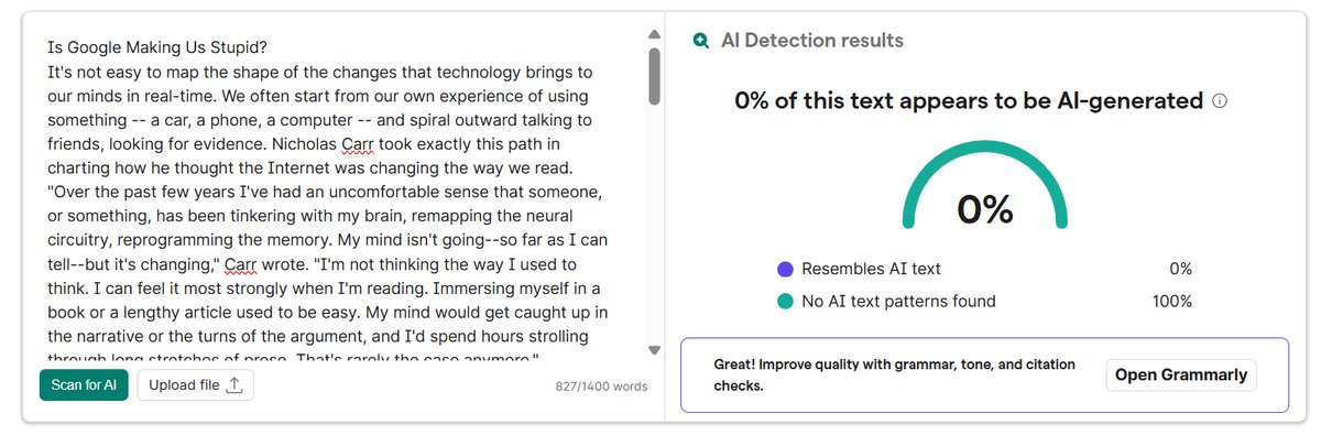 Both detectors scored the human essay at 0% AI. That second number should reassure students worried about false flags on